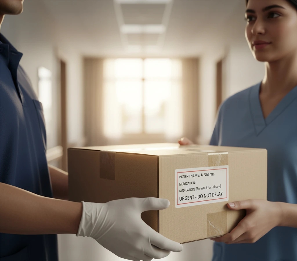 Indian pharmacist giving prescription medication to patient at pharmacy counter – Buy rare and life-saving medicines online in India – GNH India Named Patient Supply service
